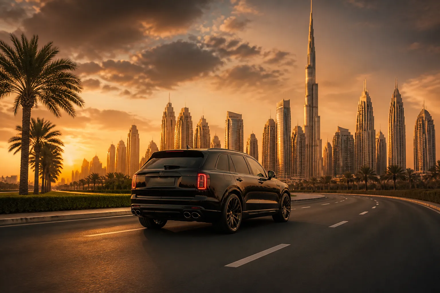 Luxury car on a Dubai highway at golden hour