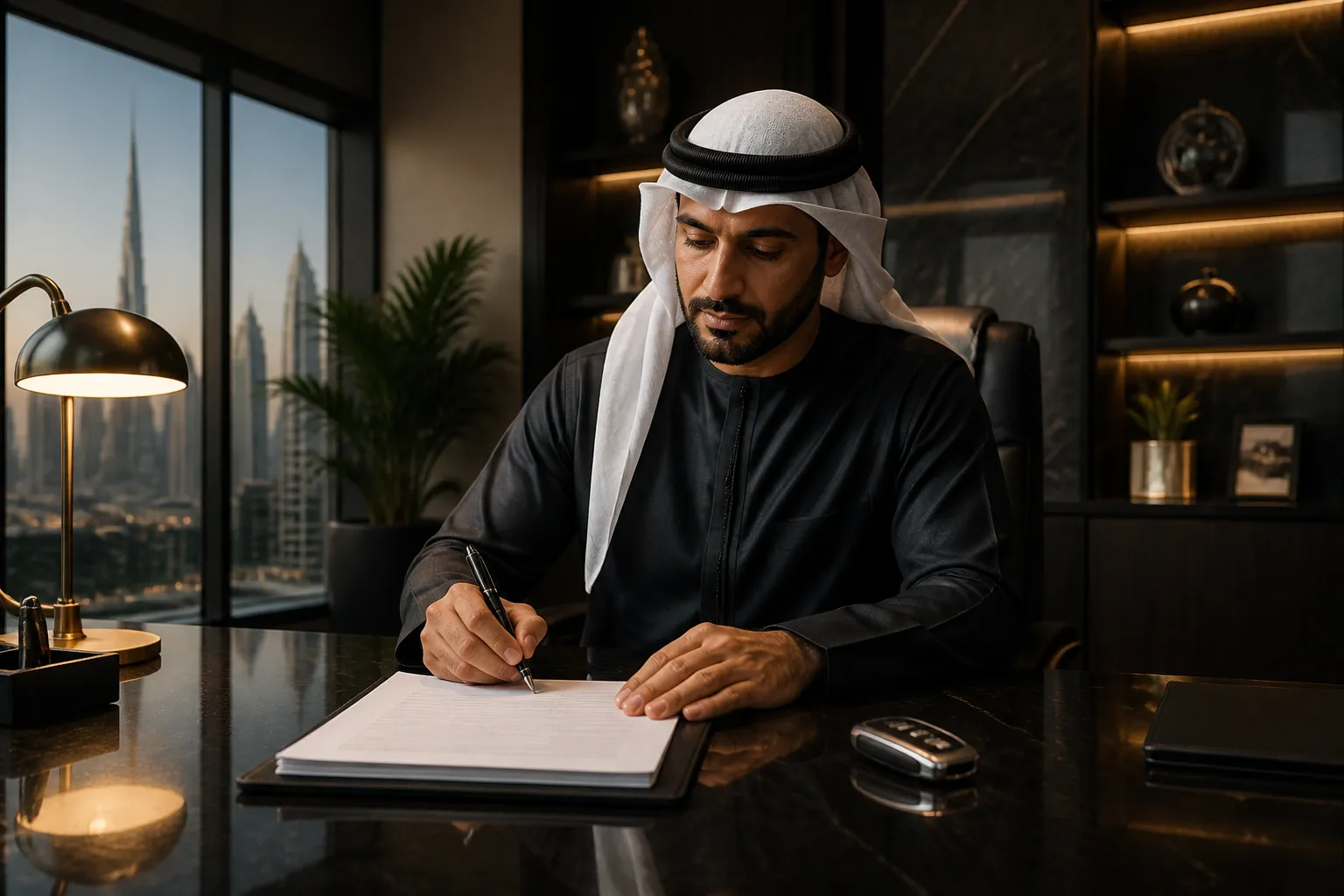 Finance agreement being signed in a Dubai office with a car key nearby