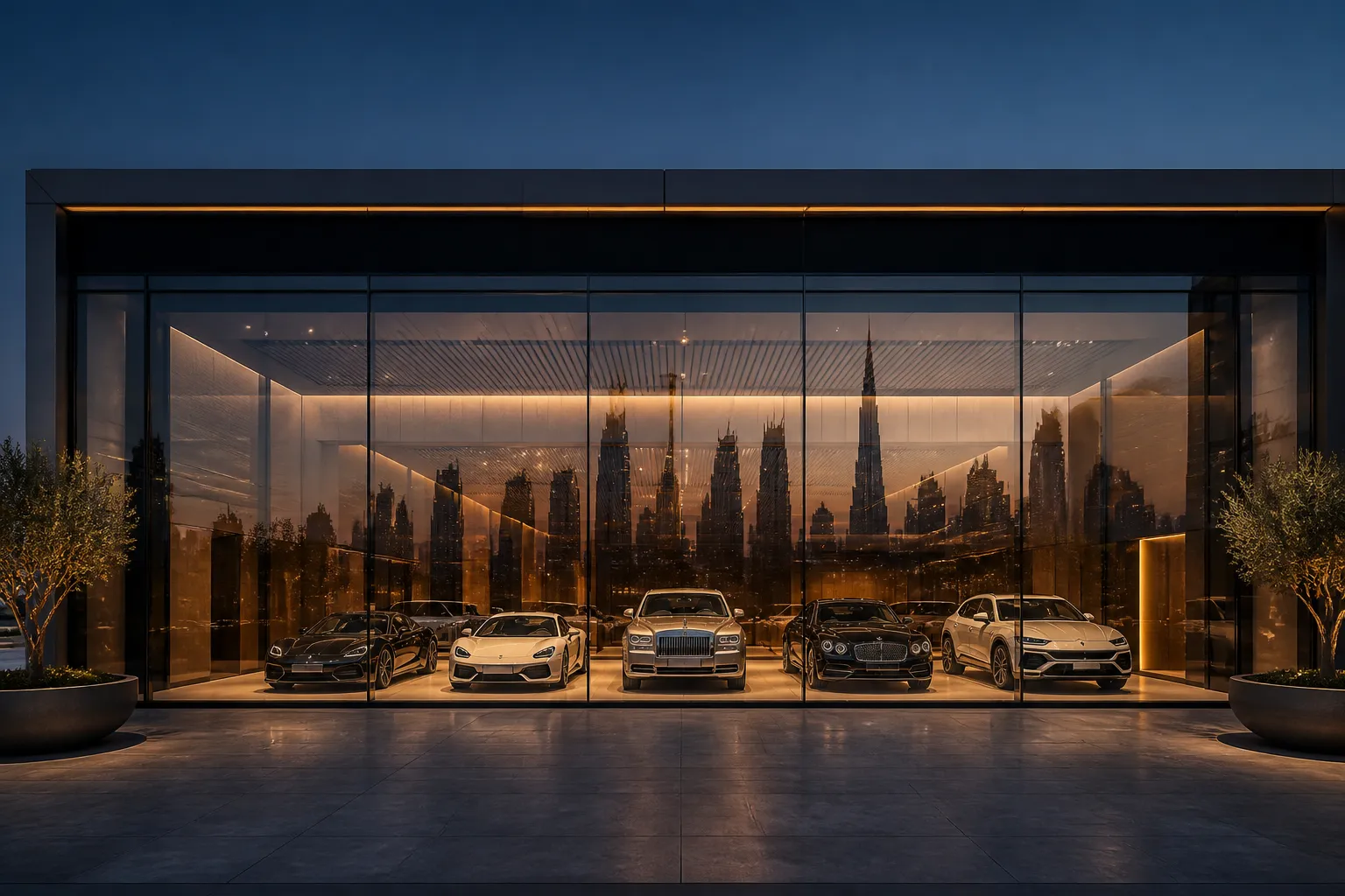 Luxury cars in a Dubai automotive showroom at dusk