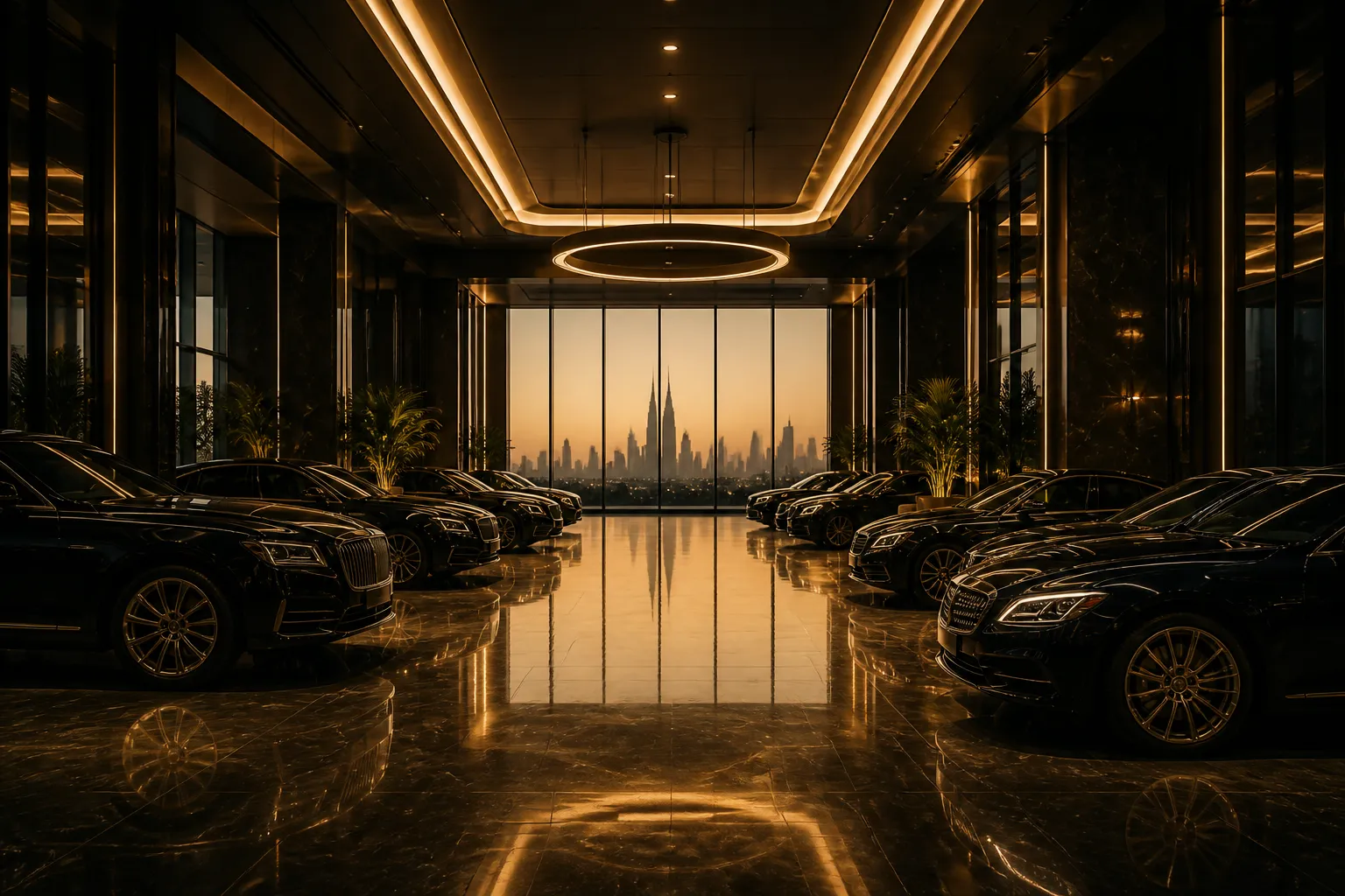Luxury car showroom corridor with golden light and Dubai skyline